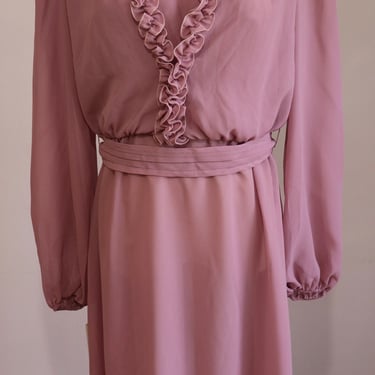 Vintage 1970s Secretary Semi Sheer Dress Mauve Made in Canada by Lawrence Dress Size 13/14 