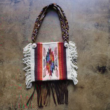 Southwestern Purse with Leather Fringe Braided Strap Handbag 