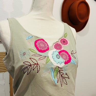 J.Jill Green Cotton Embellished Floral Patchwork Tank Top Medium 