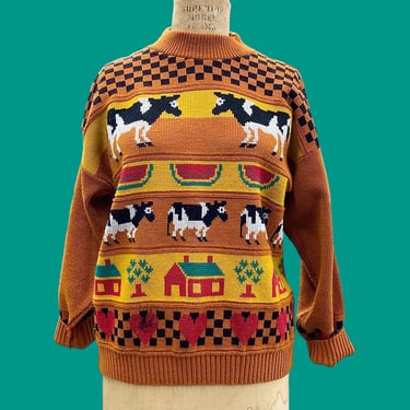 Vintage Farmhouse Sweater 1980s Retro Unisex No Size + Private Eyes + Orange + Cows + Checkered + Watermelon + L/S + Crew Neck + Pullover 