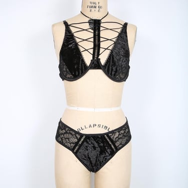 Black Velveteen & Lace 2 Piece Matching Rave Set - Bra and Bottoms Lingerie 