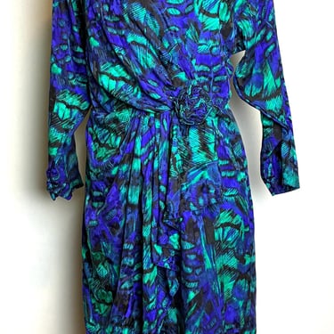 Vintage 1980s Silks by St. Gillian Purple and Green Floral Brocade Silk Wrap Dress -Size Small 