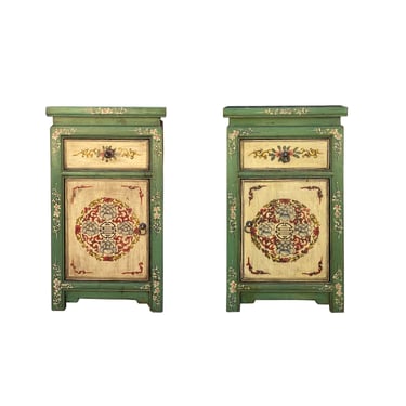 Pair Green & Yellow Beige Oriental Flower End Table Nightstand cs7367E 