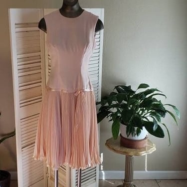 Vintage 50s Joan Barrie Light Blush Pink Crepe Accordian Pleat Dress Accordion Pleat Drop Waist 