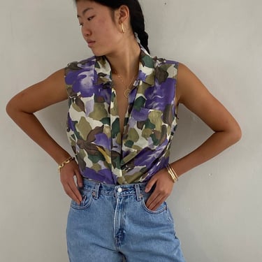 90s silk blouse / vintage lavender + olive silk floral hydrangea print collared sleeveless sand washed silk button down blouse | Large 