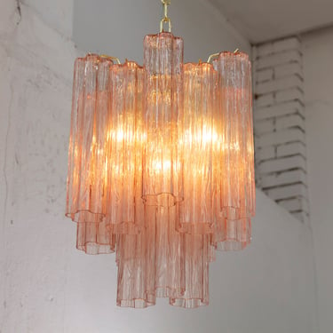 Lampada sospensione Made in Italy Tronchi in vetro rosa di Murano classico del design vintage, lampadario soffitto diametro 36 cm 