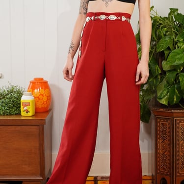 70s Red Pants, Burgundy Trousers, Vintage High Waisted Red Pants, Wide Leg, High Rise, 27" Waist, 28" Waist 