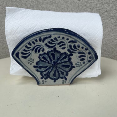 Vintage boho Mexican terracotta pottery petite size napkin holder blues theme 