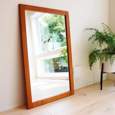 Scandinavian Modern Large Rectangular Teak Framed Wall Hanging Mirror 