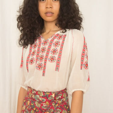 1930s Romanian Voile Cotton Embroidered Peasant Top 