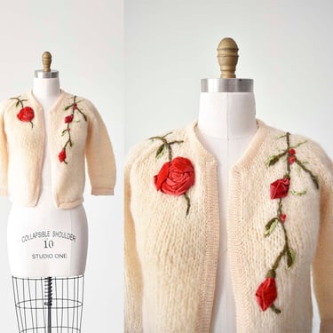 Vintage 1950s Hand Knit Cardigan Sweater / Vintage Rosanna Sweater / Rosanna Handmade in Italy Sweater / Vintage Cardigan with 3D Rose 