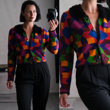 Vintage 90s MICHAEL SIMON New York Vibrant Geometric Cropped Cardigan w/ Curly Loop Fringe Collar | Dated 1996 | 1990s Designer Sweater 