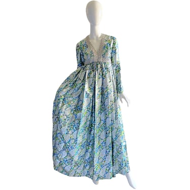 70s Joan Leslie By Kasper Dress / Brocade Metallic Dress Gown / 1970s Empire Blouson Maxi Dress Xs 