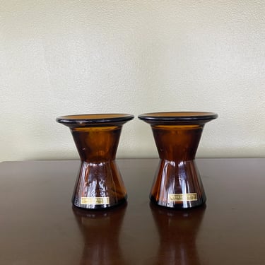 Danish modern Dansk Jens Quistgaard glass set of 2 amber Candleholders 