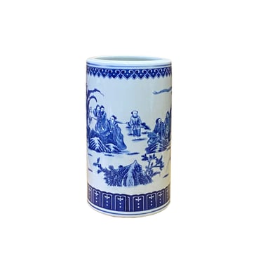 Chinese Oriental Blue White Column Porcelain Scenery Graphic Vase ws2806E 
