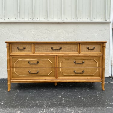 Faux Bamboo Dresser with 7 Drawers by Broyhill - Vintage Wooden Hollywood Regency Palm Beach Coastal Bedroom Furniture 