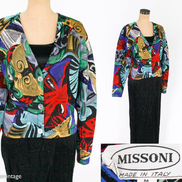 1980s Missoni Silk Jacket | 80s Colorful Quilted Silk Abstract Coat | Missoni Designer Jacket 