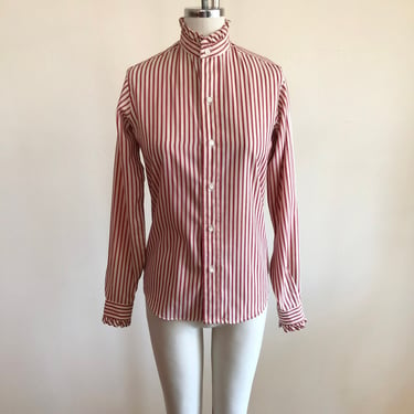 Red and Cream Striped Button-Down Shirt with High-Neck - 1980s 