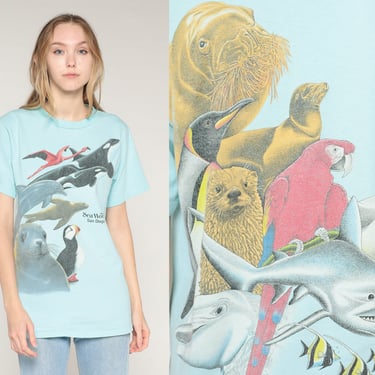 Vintage Sea World Shirt 80s San Diego Tshirt Puffin Seal Dolphin Orca Flamingo Fish Shark Bird Graphic Single Stitch Blue 1980s Small Medium 