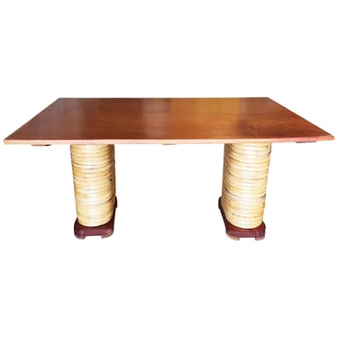 Restored Stacked Rattan Double Mahogany Pedestal Dining Table 