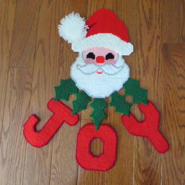 Vintage Needlework Santa Claus JOY Door Decor Plastic Canvas 