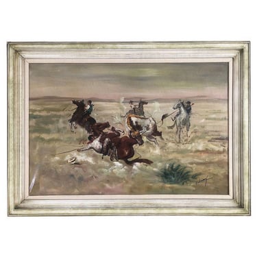 Mid-century Western Cowboy Buffalo Signed Oil on Canvas Painting, Framed 