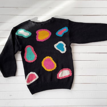 black knit sweater | 80s vintage mod pop art abstract rainbow polka dot intarsia streetwear sweater 