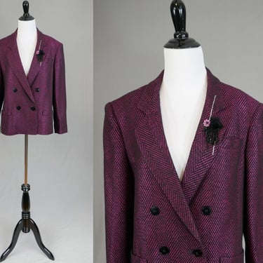 80s Herringbone Jacket - Black and Pink - Added Bead Decoration - Shoulder Pads - Suits Galore Blazer - Vintage 1980s - L 