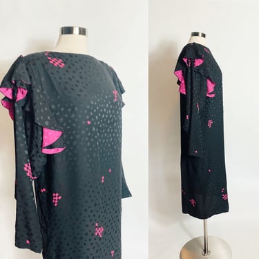Flora Kung Silk Black and Pink Ruffle Dress 