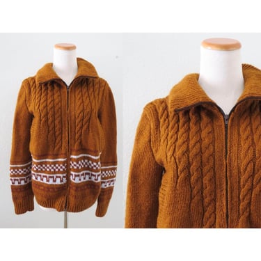 Vintage 70s Zip Up Cardigan - Boho Hippie Aztec Print Cozy Collared Sweater - Size Small / Medium 