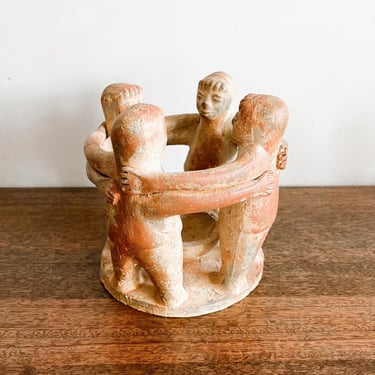 Vintage Mexican Terra Cotta Circle of Friends Candle Holder 
