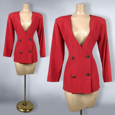 VINTAGE 80s Red Fitted Sexy Evening Jacket or Blazer by Dawn Joy sz 7/8 | 1980s Power Shoulders Suit Jacket | VFG 