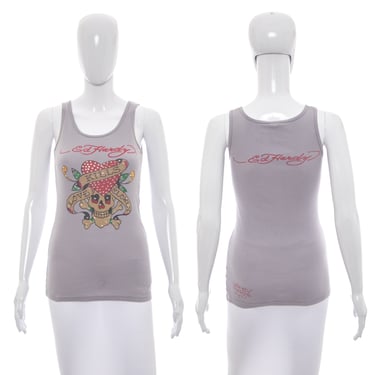 Y2K Ed Hardy Gray and Graphic Print Tank Top Size S