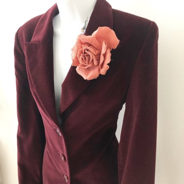 womens burgundy velvet jacket rhinestone buttons, paisley velvet blazer 