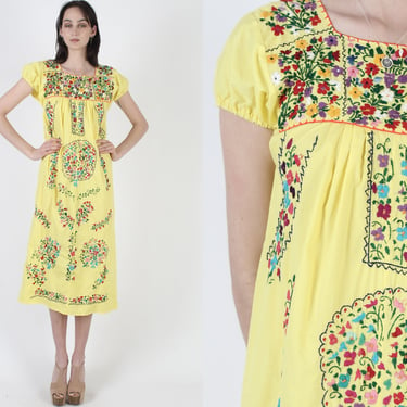 Heavily Hand Embroidered Yellow Mexican Puebla Dress 
