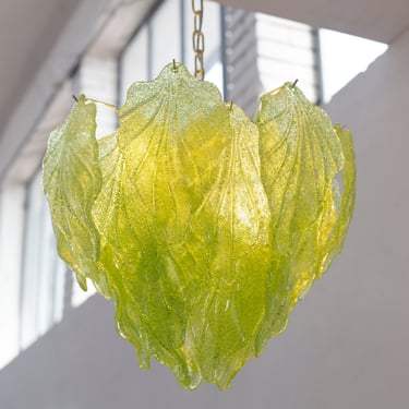 Suspension chandelier Made in Italy Murano glass leaves green color Ø50 cm, vintage style design chandelier 