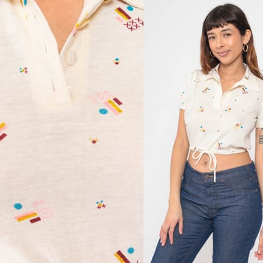 70s Crop Top Puff Sleeve Blouse Tie Waist Hippie Boho Shirt Geometric Print Polo Button Up Vintage Bohemian Off-White Small 