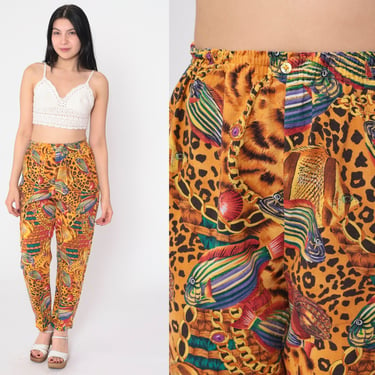 Mixed Print Pants 90s Tapered Trousers Animal Cheetah Leopard Baroque Chain Tropical Fish Print High Waisted Boho Vintage 1990s Small Medium 