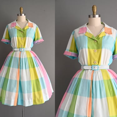 1950s vintage dress | Adorable Plaid Cotton Shirtwaist Dress | Medium | 