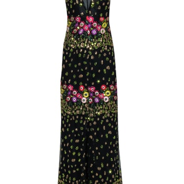 Lovers + Friends - Black & Multicolor Embroidered Floral & Sequins Gown Sz M