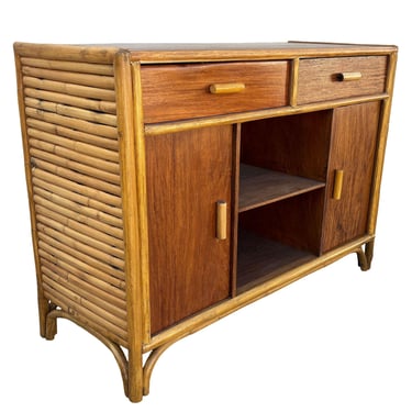 Restored Early Mid-century Stacked Rattan Credenza TV Stand w/ Mahogany Top 