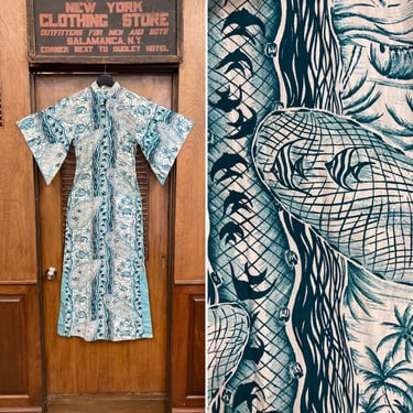 Vintage 1940’s Linns Angel Fish Tropical Cotton Pake Muu Hawaiian Dress, Rare, Vintage Pake Muu, Hawaiian Dress, Tiki Dress, Batwing Sleeve, 