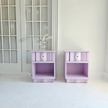 mid century end tables, Set  vintage mcm. lavender  furniture,  colorful home, pastel, nightstands, set of nightstands,  violet,  stars 