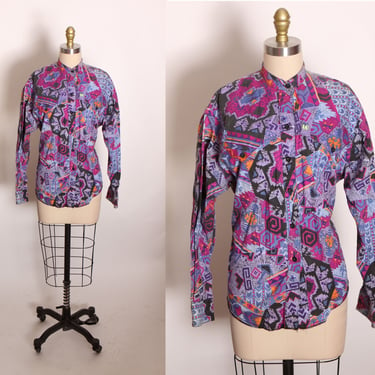 1980s Purple, Blue, Black and Orange Abstract Southwestern Long Sleeve Western Cowgirl Cowboy Blouse by The Look -M 