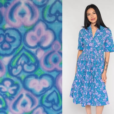 60s Day Dress Abstract Heart Print Midi Shirtdress Psychedelic 1960s Vintage Pleated Full Skirt Blue Purple High Waist Button Up Medium 