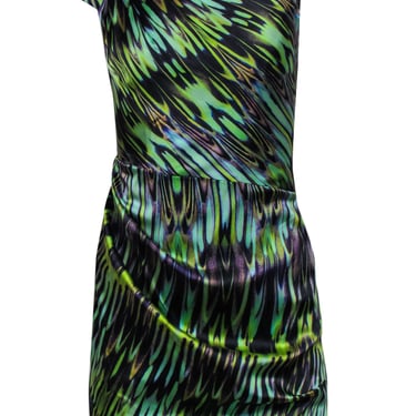 Karen Millen - Purple & Green Swirled Satin Asymmetric Sheath Dress Sz 4
