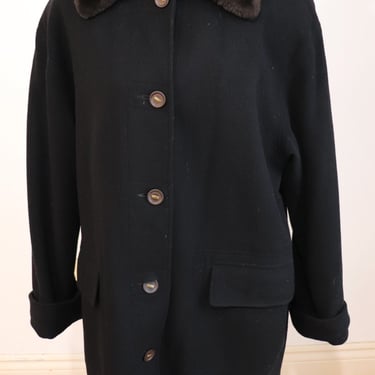 Vintage Donnybrook Wool Overcoat w/ Faux Fur Collar Car Coat Black Size 12 