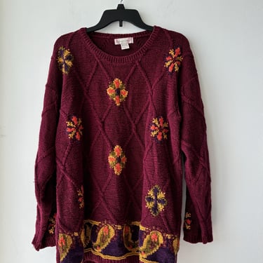 Vintage Casual Corner Burgundy Cable Knit 3D Knit Embroidered Sweater Pullover Women’s Large Grandma 