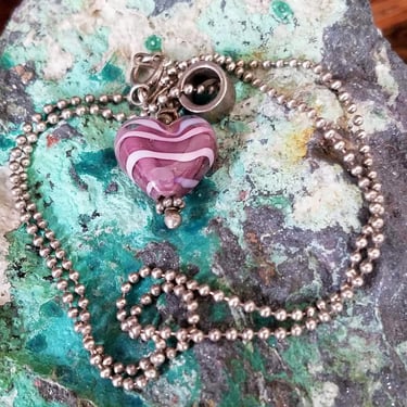 Art Glass Heart Pendant on Sterling Chain~Sterling Silver 925~15.75" Ball chain~Valentines Day Gift for Her~JewelsandMetals. 