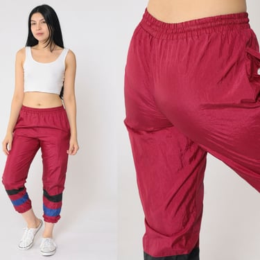 90s Track Pants Raspberry Striped Nylon Jogging Pants Warmup Windbreaker Pants Streetwear Athletic Sports Vintage Gym Kid's Medium 10 12 